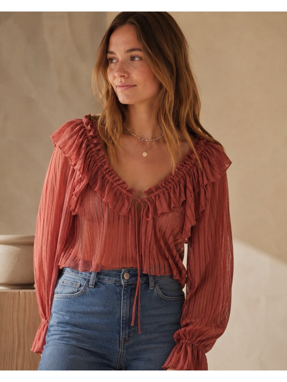 Anthropologie Sheer Ruffle Feminine Long Sleeve‎ Rose Pink Striped Blouse Sz XS
